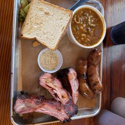 Ribs, sausage and baked beans