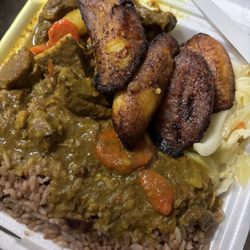 Plantain, Rice and Peas, Curried Goat, cabbage