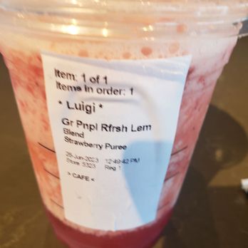 Starbucks - Paradise in a cup....at STARBUCKS! Pineapple/coconut refresher w/ stawberry purée BLENDED. Aloha!!!! - Coffee & Tea Near Me - Los Gatos, California