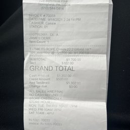 Receipt of the chain. Receipt of the chain.