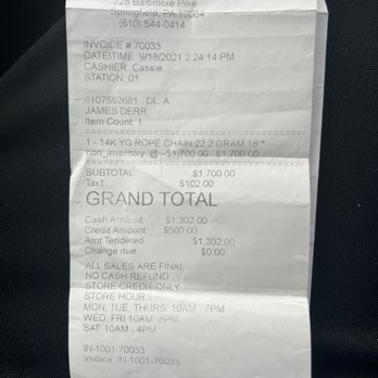 Voski Jewelers - Receipt of the chain. - Watches Near Me - Springfield, Pennsylvania Voski Jewelers - Receipt of the chain. - Watches Near Me - Springfield, Pennsylvania