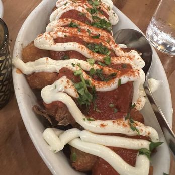 El Mercat Bar De Tapas - Patatas Bravas - diced too chunky and the garlic aioli is a bit much, should be thinner strips - Tapas Bars Near Me - Rockville, Maryland