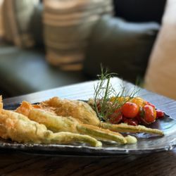 Stekoa Creek - Tempura fried squash blossom stuffed with herbed ricotta, served with salsa crudo and green goddess