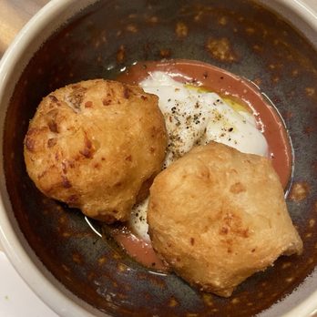 State Bird Provisions - Potato fry bread: burrata and strawberry rhubarb - Tapas/Small Plates Near Me - San Francisco, California State Bird Provisions - Potato fry bread: burrata and strawberry rhubarb - Tapas/Small Plates Near Me - San Francisco, California