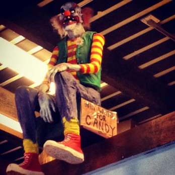 Candy Heaven - A motorized clown dummy constantly jitters from the balcony with a sign reading "Will work for candy." - Candy Stores Near Me - Sacramento, California
