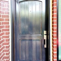 Allen's Front Door Refinishing - This is the finished door, with more gloss, deeper color, smoother finish, and new hardware.