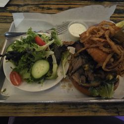 Kaweah Brewing Taproom and Restaurant - Meatlovers burger with a side salad