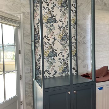 The Wallpaper Sisters - They wallpapered the back of this cabinet. Now we can add the glass shelving and glass doors! - Wallpapering Near Me