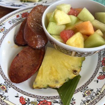 The Coffee Shack - Side of Portuguese sausage and fruit - Coffee & Tea Near Me - Captain Cook, Hawaii