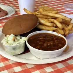 Smoke Shack Bar-B-Q - Jumbo pork sandwich special with baked beans and fries