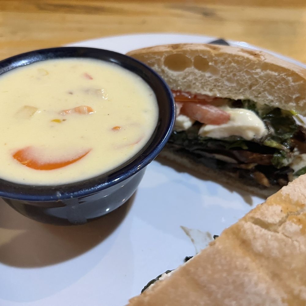 Blue Window Bistro - Portobello sandwich with salmon and corn chowder - New American Near Me - Los Alamos, New Mexico Blue Window Bistro - Portobello sandwich with salmon and corn chowder - New American Near Me - Los Alamos, New Mexico