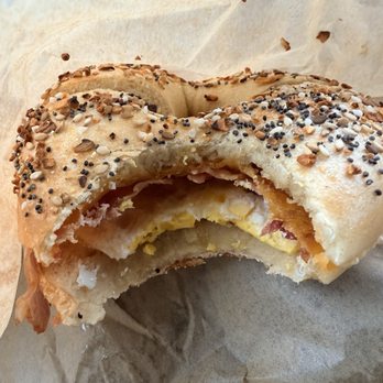 Einstein Bros. Bagels - Bacon egg cheese sandwich on everything bagel . - Breakfast & Brunch Near Me - Fullerton, California Einstein Bros. Bagels - Bacon egg cheese sandwich on everything bagel . - Breakfast & Brunch Near Me - Fullerton, California