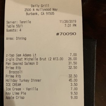 Daily Grill - Start dinner at 5:30pm, Received check tickets at 7:31pm, 7:51pm still waiting for our server to come get the check - American Near Me - Burbank, California