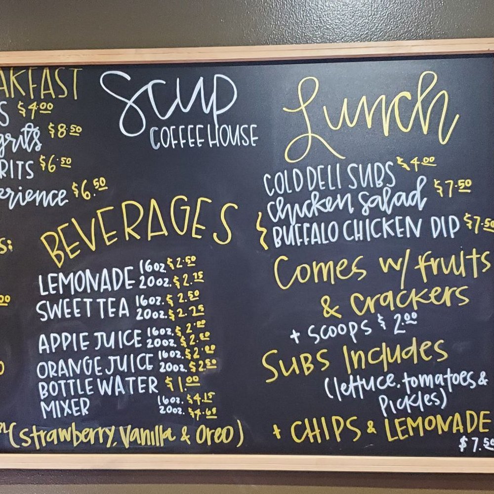 Scup Coffee House - a menu on the wall - Coffee & Tea Near Me - LaGrange, Georgia Scup Coffee House - a menu on the wall - Coffee & Tea Near Me - LaGrange, Georgia