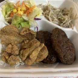Hamburg steak with chicken karaage (rice not pictured)