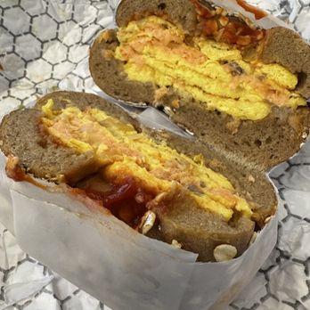 Leo's Bagels - The Leo Omelette Sandwich on multi grain bagel - Coffee & Tea Near Me - New York, New York Leo's Bagels - The Leo Omelette Sandwich on multi grain bagel - Coffee & Tea Near Me - New York, New York