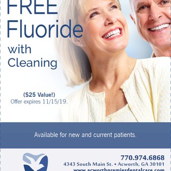 Acworth Premier Dental Care - Free Fluoride for all patients - Just mention the Ad at your next visit even if it is after the expiration date and it will be FREE! - General Dentistry Near Me - Acworth, Georgia Acworth Premier Dental Care - Free Fluoride for all patients - Just mention the Ad at your next visit even if it is after the expiration date and it will be FREE! - General Dentistry Near Me - Acworth, Georgia