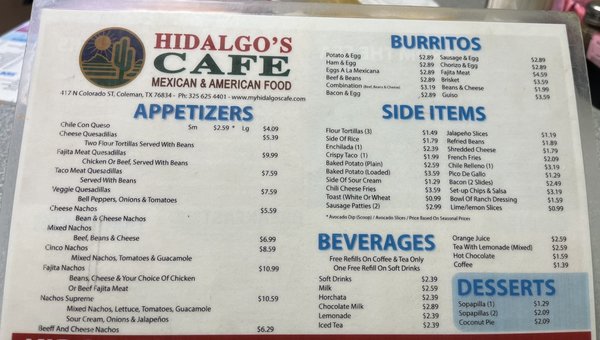 Menu photo 4 Hidalgo's Cafe Coleman, TX