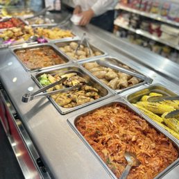 a buffet with many different foods