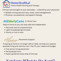 Alana Senior Placement  - Supportive Team include:
In-Home Care support provided by AllElderlyCares
And 
HomeHealth4U for home health services.