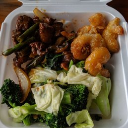 Shanghai steak, honey walnut shrimp and veggies plate. Shanghai steak, honey walnut shrimp and veggies plate.