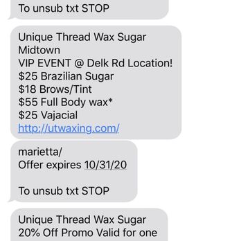 Unique Thread - Wax - Sugar - My text coupon - Sugaring Near Me - Atlanta, Georgia Unique Thread - Wax - Sugar - My text coupon - Sugaring Near Me - Atlanta, Georgia