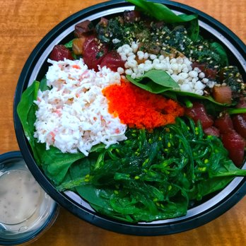 Pokeway - Medium sized bowl, hamachi, ahi, baby greens, masago, sea salad, crab salad. - Poke Near Me - Honolulu, Hawaii Pokeway - Medium sized bowl, hamachi, ahi, baby greens, masago, sea salad, crab salad. - Poke Near Me - Honolulu, Hawaii