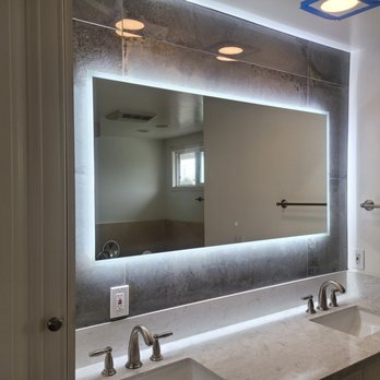 Creative Tile Design - a bathroom with a large mirror - Tiling Near Me - San Gabriel, California Creative Tile Design - a bathroom with a large mirror - Tiling Near Me - San Gabriel, California