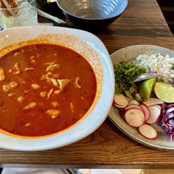 Los Arroyos Mexican Restaurant & Take Out - LUISA'S POZOLE traditional Mexican soup made from hominy with pork (as shown) or chicken and a plethora of garnishes - Mexican Near Me - Montecito, California Los Arroyos Mexican Restaurant & Take Out - LUISA'S POZOLE traditional Mexican soup made from hominy with pork (as shown) or chicken and a plethora of garnishes - Mexican Near Me - Montecito, California