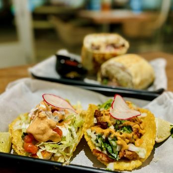 Buenos Dias - Tacos: fish & chicken, Carne Asada burrito (pictured in the back) - Mexican Near Me - Las Vegas, Nevada Buenos Dias - Tacos: fish & chicken, Carne Asada burrito (pictured in the back) - Mexican Near Me - Las Vegas, Nevada