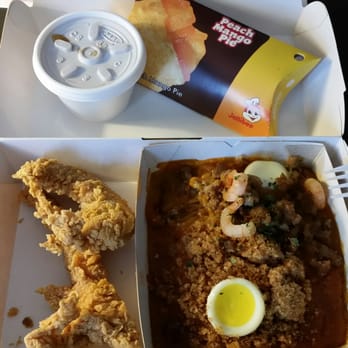 Jollibee - Palabok and 2 piece chicken dippers with gravy and a peach mango pie. Nomz. - Fast Food Near Me - Union City, California