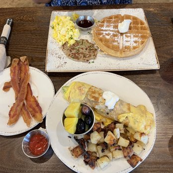 First Watch - Chickichanga with fruits and potatoes, waffle sausage bacon and scrambled eggs - Breakfast & Brunch Near Me - Atlanta, Georgia First Watch - Chickichanga with fruits and potatoes, waffle sausage bacon and scrambled eggs - Breakfast & Brunch Near Me - Atlanta, Georgia