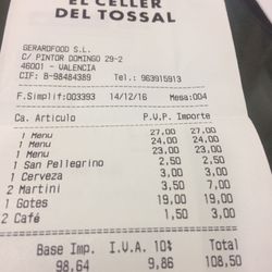El Celler del  Tossal - La cuenta, comedida para tres personas.