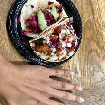 Brick and Flour - Size comparison - shrimp and fish taco (okay, yes, I have long fingers, but even my normal-fingered friend thought these tacos were SMALL) - Mexican Near Me - Glendale, California Brick and Flour - Size comparison - shrimp and fish taco (okay, yes, I have long fingers, but even my normal-fingered friend thought these tacos were SMALL) - Mexican Near Me - Glendale, California