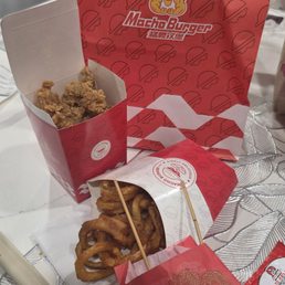 Popcorn chicken, curly fries, and Taiwanese sausage