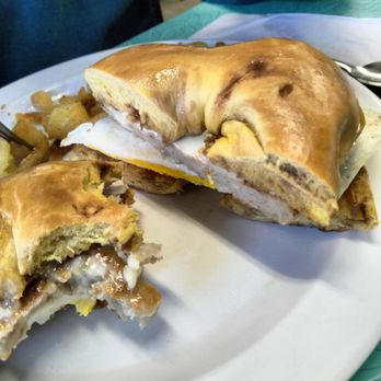 Rick & Dee's Restaurant - Sausage, cheese and egg on a maple bagel with homefries - Diners Near Me - Coventry, Rhode Island