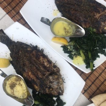 Poseidon - Grilled sea bream with greens and sauce - you must get this! - Greek Near Me - Miami Beach, Florida Poseidon - Grilled sea bream with greens and sauce - you must get this! - Greek Near Me - Miami Beach, Florida