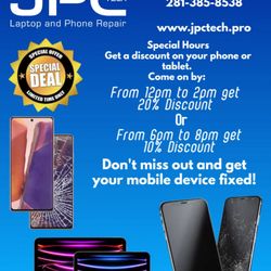JPC Laptop & phone Repair - Save Big on our new special discount hours. Come on by between 12pm to 2pm or 6pm to 8pm and get up to 20% discount on your mobile repair.
