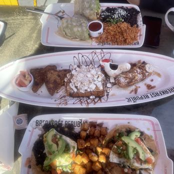 Breakfast Republic - (Top to bottom) breakfast burrito, French toast sampler, breakfast tostada - Breakfast & Brunch Near Me - Culver City, California Breakfast Republic - (Top to bottom) breakfast burrito, French toast sampler, breakfast tostada - Breakfast & Brunch Near Me - Culver City, California