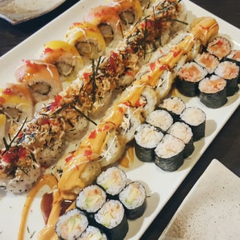 Sakana - 10 dolla set x3!   Top to bottom: Mango Roll, Summer Roll, Dragon Eyes Left to right: Avocado, Salmon, Spicy Tuna - Japanese Near Me - Edmonton, Alberta