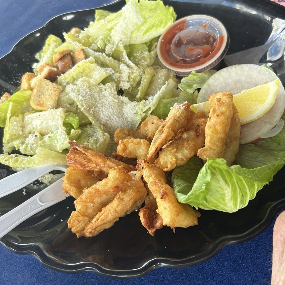 Lazy Flamingo - Fried shrimp and Caesar salad - Seafood Near Me - Bokeelia, Florida Lazy Flamingo - Fried shrimp and Caesar salad - Seafood Near Me - Bokeelia, Florida