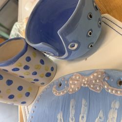 Color Me Mine - Ceramic holder for misc items, decorative bowl and wall plaque with handprints.