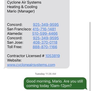 Cyclone Air Systems - Ghosted us! #badbusiness - Heating & Air Conditioning/HVAC Near Me - Concord, California
