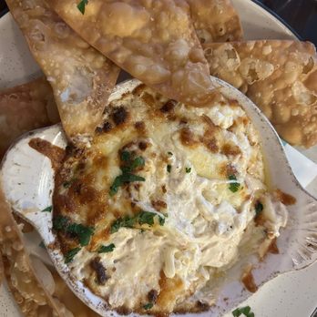 Cove Coastal Kitchen - Crab Rangoon with wontons minus a few bites! - Seafood Near Me - Hyannis, Massachusetts