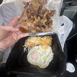 T-bone steak and eggs breakfast. Toast was not pictured.