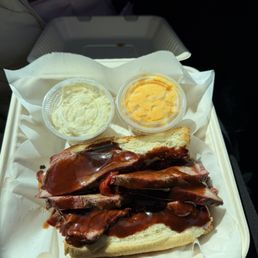 Bbq tritip with potato salad and Mac and cheese