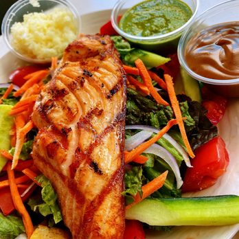 Olive Pit Grill - Brea - Salmon Garden Salad - Greek Near Me - Brea, California Olive Pit Grill - Brea - Salmon Garden Salad - Greek Near Me - Brea, California
