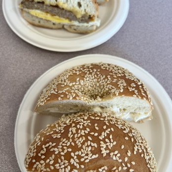 4 Brothers NY Bagels - Bagel sandwich with sausage, egg and cheese & a sesame bagel with cream cheese - Bagels Near Me - Cypress, Texas 4 Brothers NY Bagels - Bagel sandwich with sausage, egg and cheese & a sesame bagel with cream cheese - Bagels Near Me - Cypress, Texas