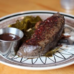 Thyme Craft Kitchen - Elk Steak ($29) - braised collard greens with bacon, house steak sauce