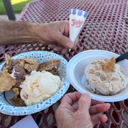 Ice Cream Junction - On the left is super huge vanilla and peanut butter chocolate rebel and on the right is a huge scoop of bourbon pecan my favorite Yum Yum!